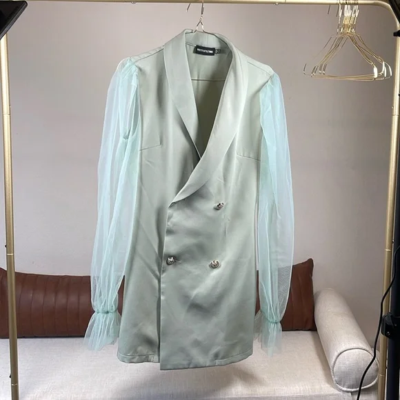 sage green button up organza sleeve blazer dress PrettyLittleThing | Dresses | Sage Green Button Up Organza Sleeve Blazer Dress